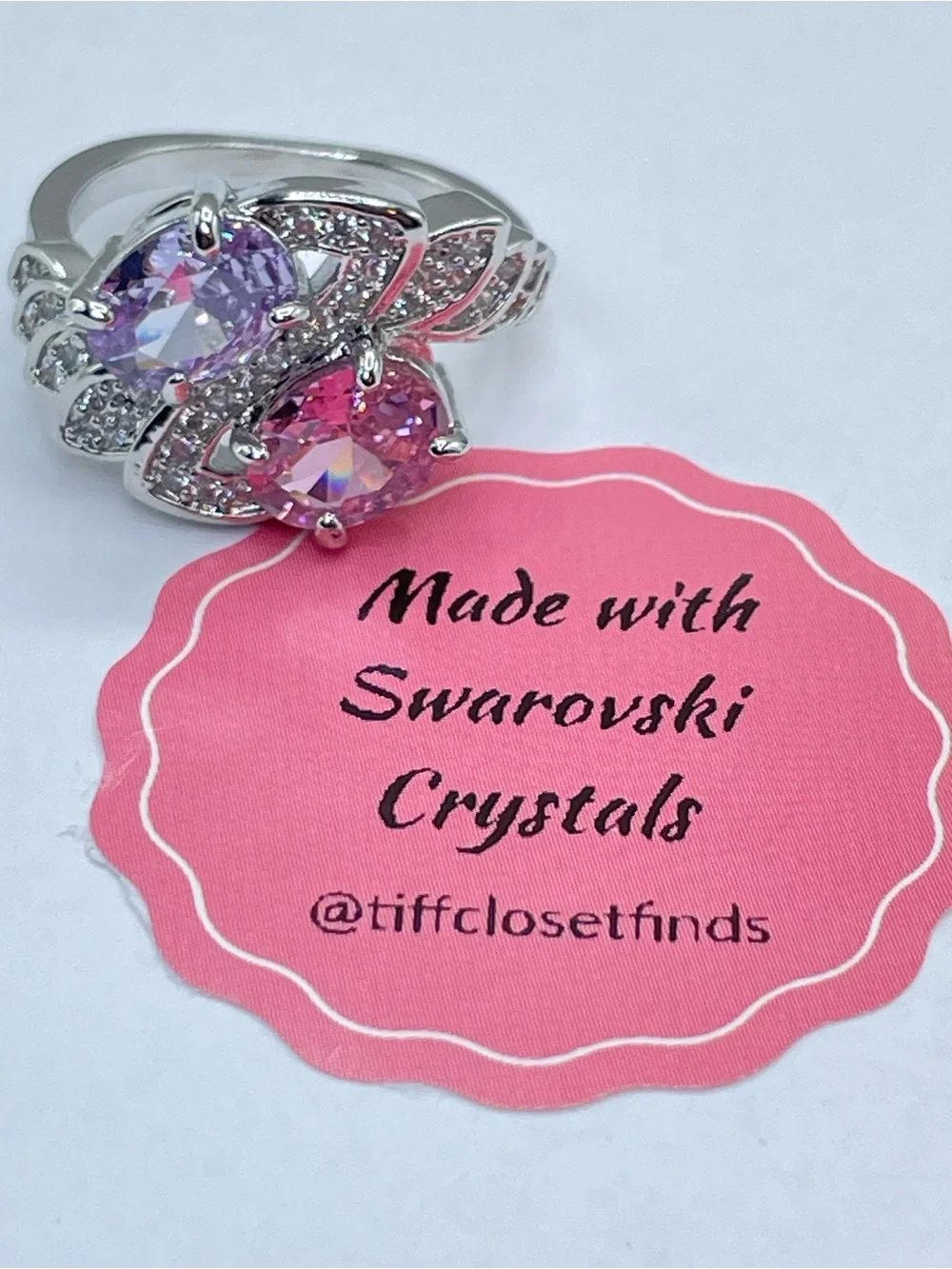 Swarovski Crystal Elements Pink Purple Crystal Art Deco Statement Ring Silver